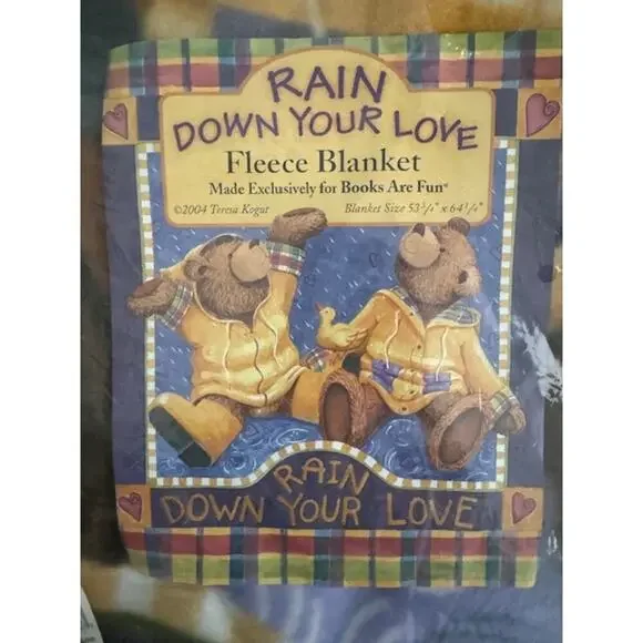 Vintage 2004 Teresa Kogut Rain Down Your Love Teddy Bear Fleece Blanket- New - Picture 2 of 3